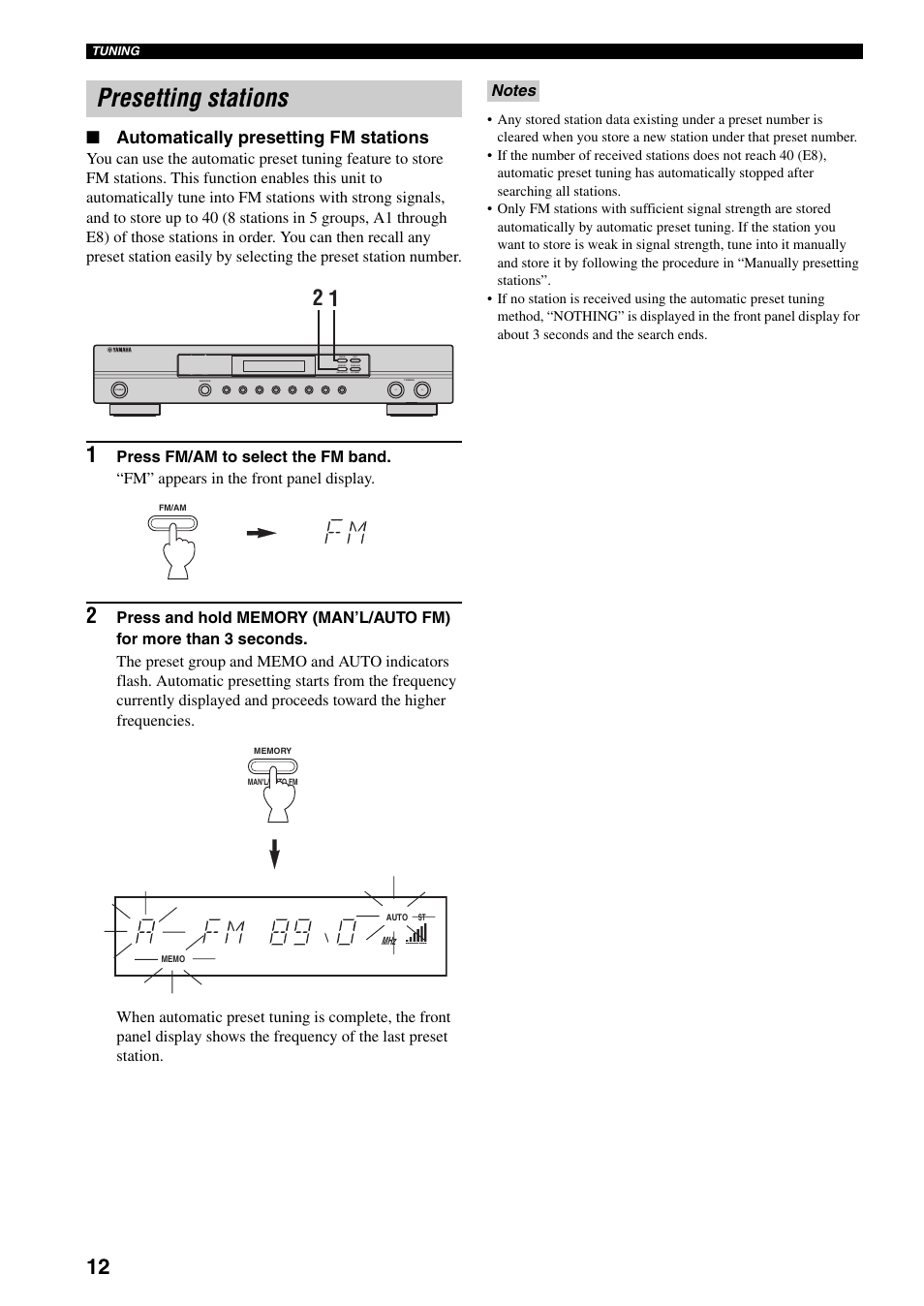 Presetting stations, Automatically presetting fm stations | Yamaha TX-497 User Manual | Page 16 / 23