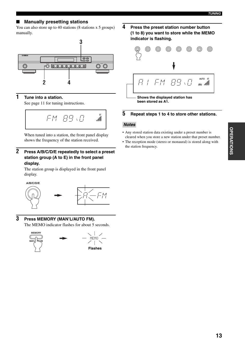 Manually presetting stations, Opera t ions, Repeat steps 1 to 4 to store other stations | Yamaha TX-497 User Manual | Page 17 / 23