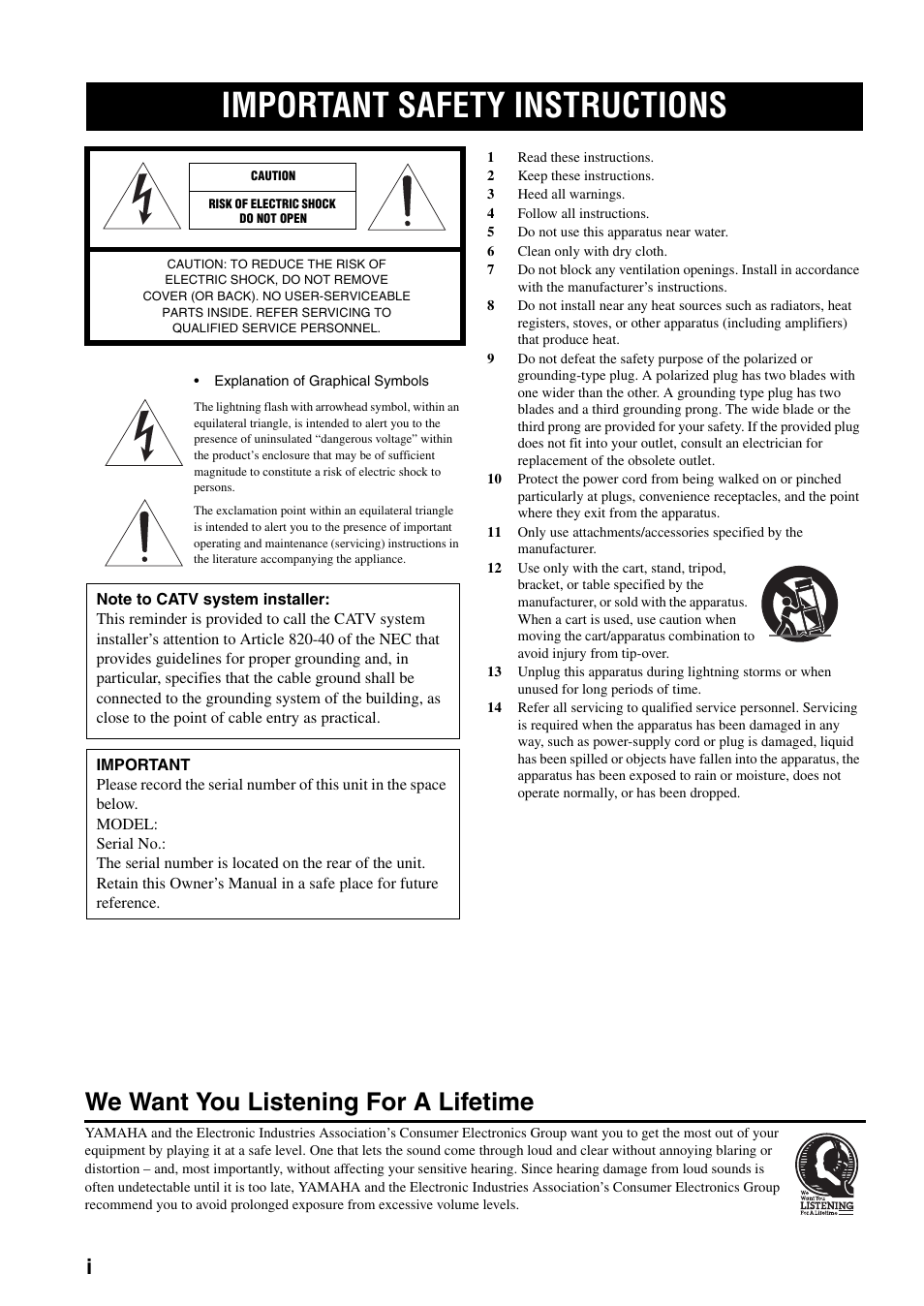 Important safety instructions, We want you listening for a lifetime | Yamaha TX-497 User Manual | Page 2 / 23