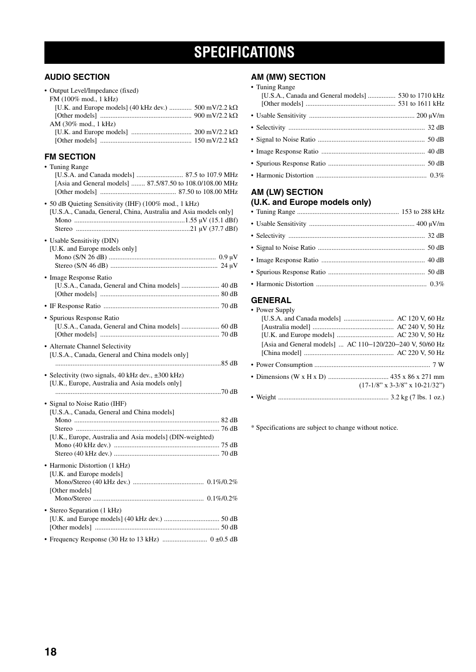 Specifications | Yamaha TX-497 User Manual | Page 22 / 23