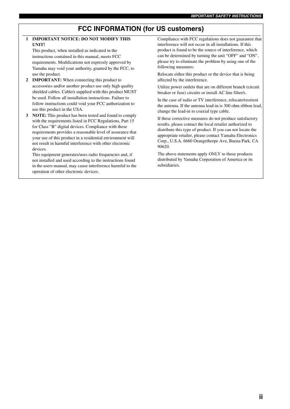 Ii fcc information (for us customers) | Yamaha TX-497 User Manual | Page 3 / 23