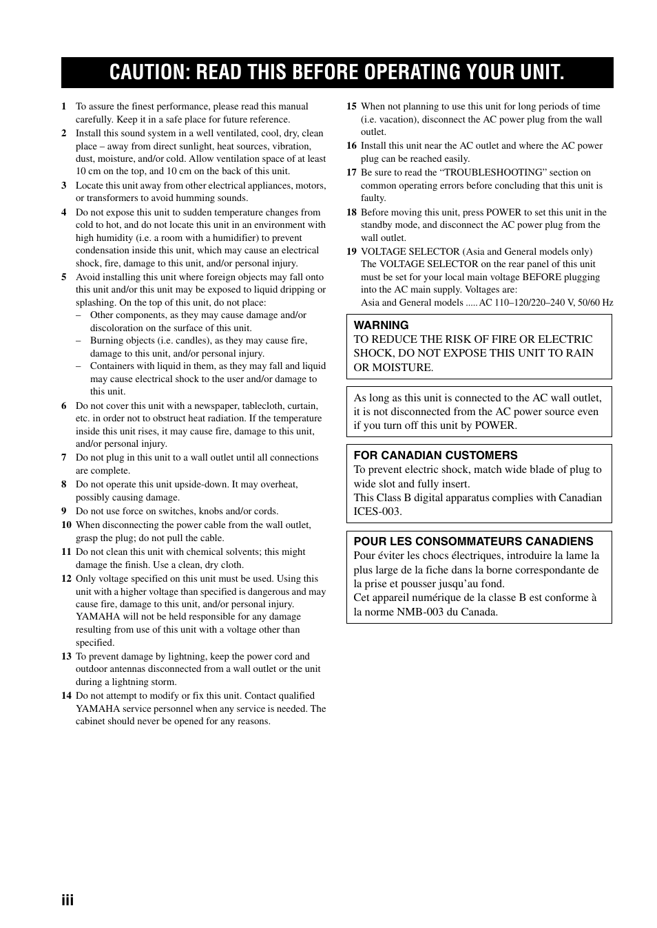 Caution: read this before operating your unit | Yamaha TX-497 User Manual | Page 4 / 23