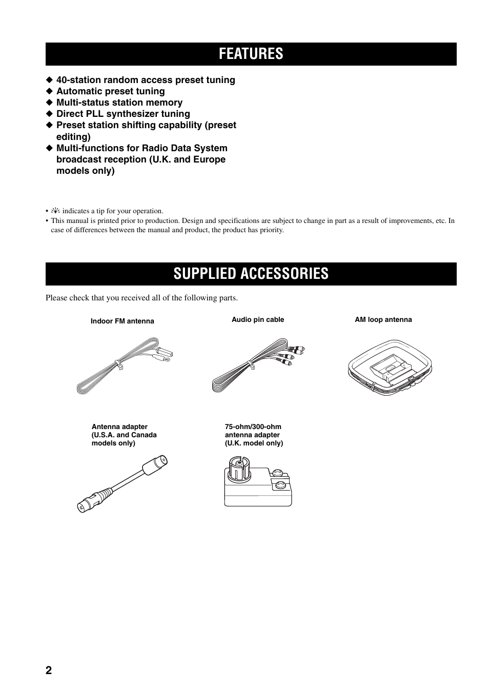 Introduction, Features, Supplied accessories | Features supplied accessories | Yamaha TX-497 User Manual | Page 6 / 23