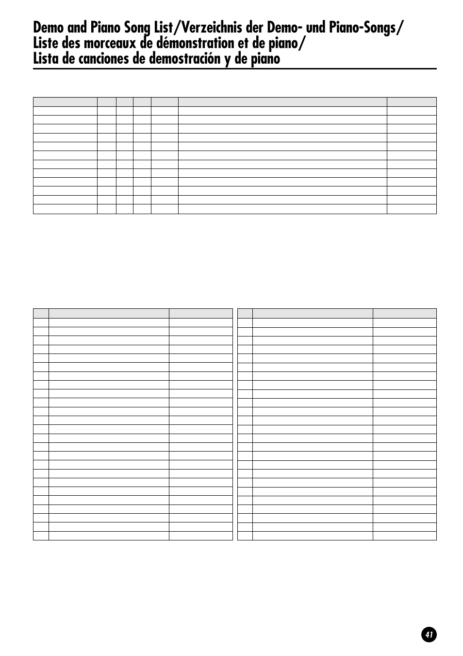 Voice demo tune titles, Piano song titles | Yamaha CLP-820S User Manual | Page 41 / 72