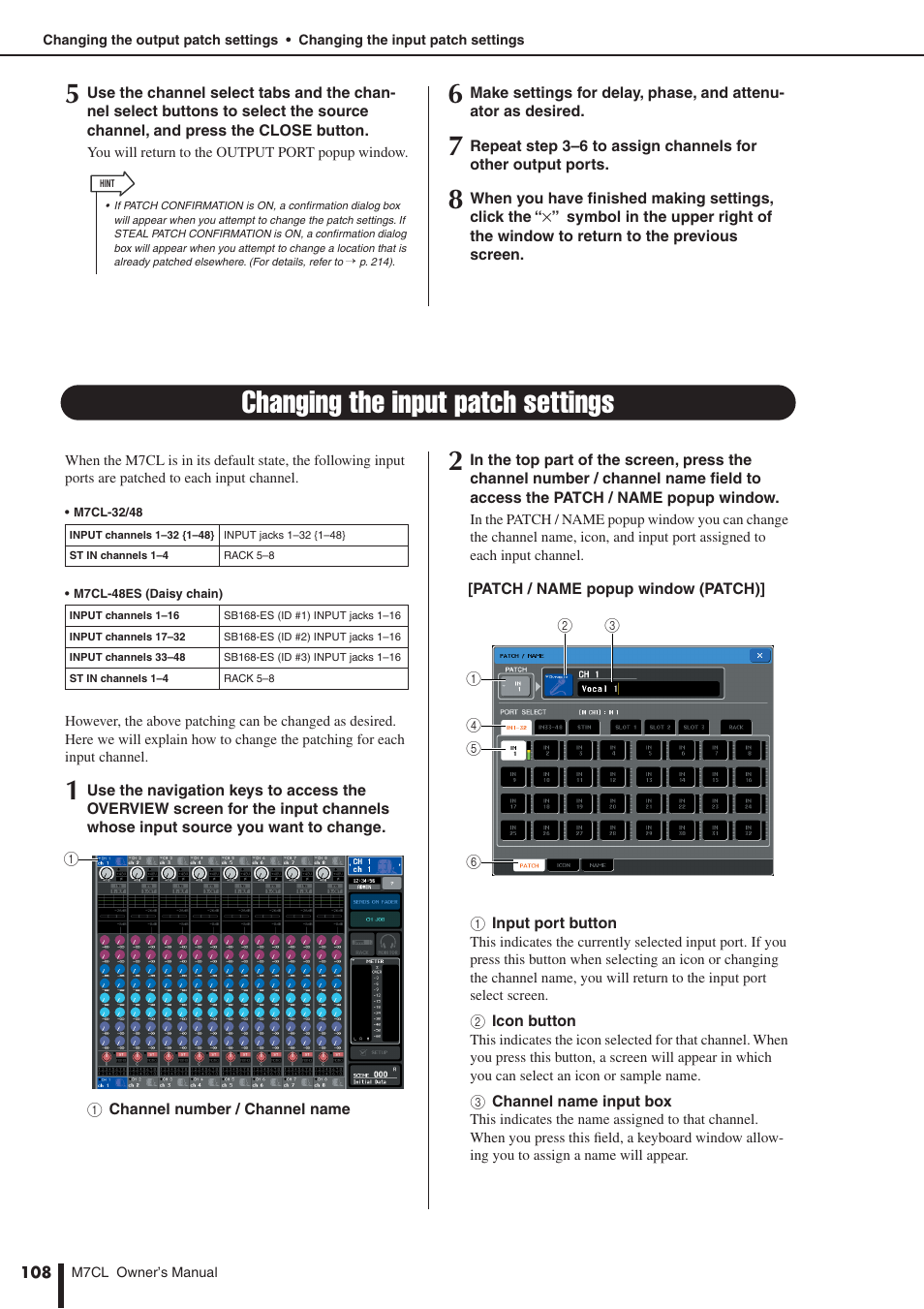 Changing the input patch settings, P. 108) | Yamaha M7CL-32 User Manual | Page 108 / 312