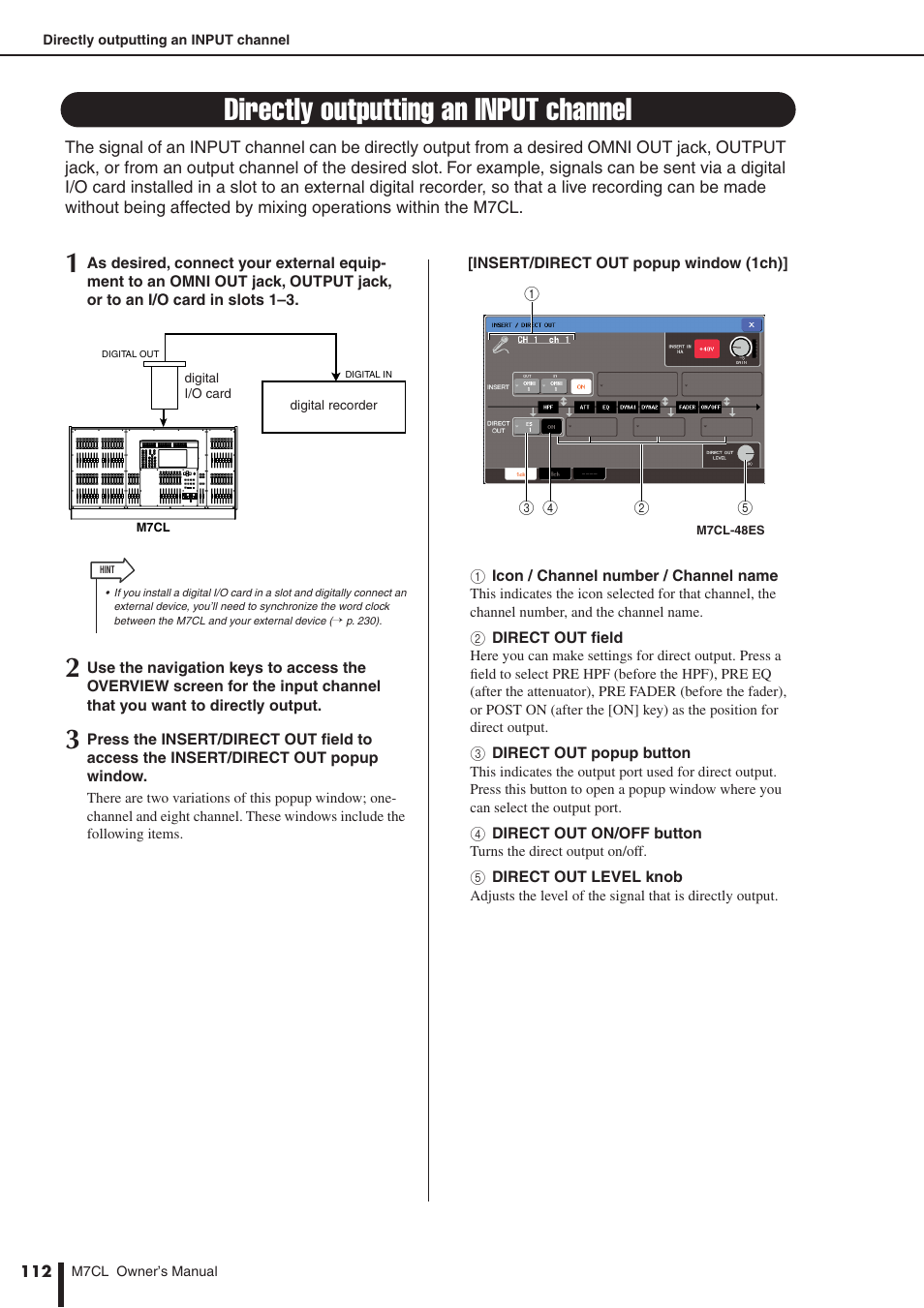Directly outputting an input channel, P. 112), Ch), and assign an output port to the direct out | Or details on direct output | Yamaha M7CL-32 User Manual | Page 112 / 312