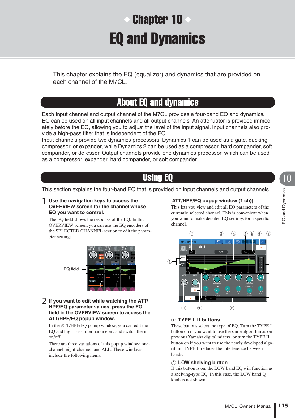 Eq and dynamics, About eq and dynamics, Using eq | P. 115), Chapter 10, About eq and dynamics using eq | Yamaha M7CL-32 User Manual | Page 115 / 312