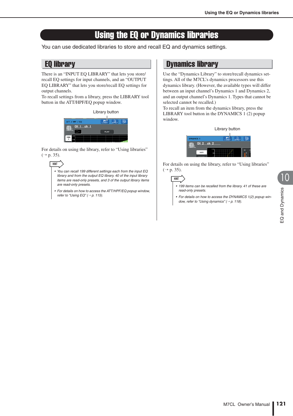 Using the eq or dynamics libraries, Eq library, Dynamics library | Yamaha M7CL-32 User Manual | Page 121 / 312