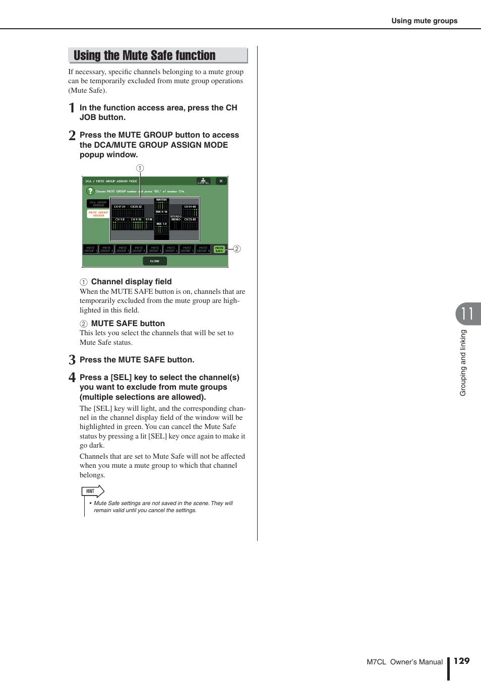 Using the mute safe function, P. 129) | Yamaha M7CL-32 User Manual | Page 129 / 312