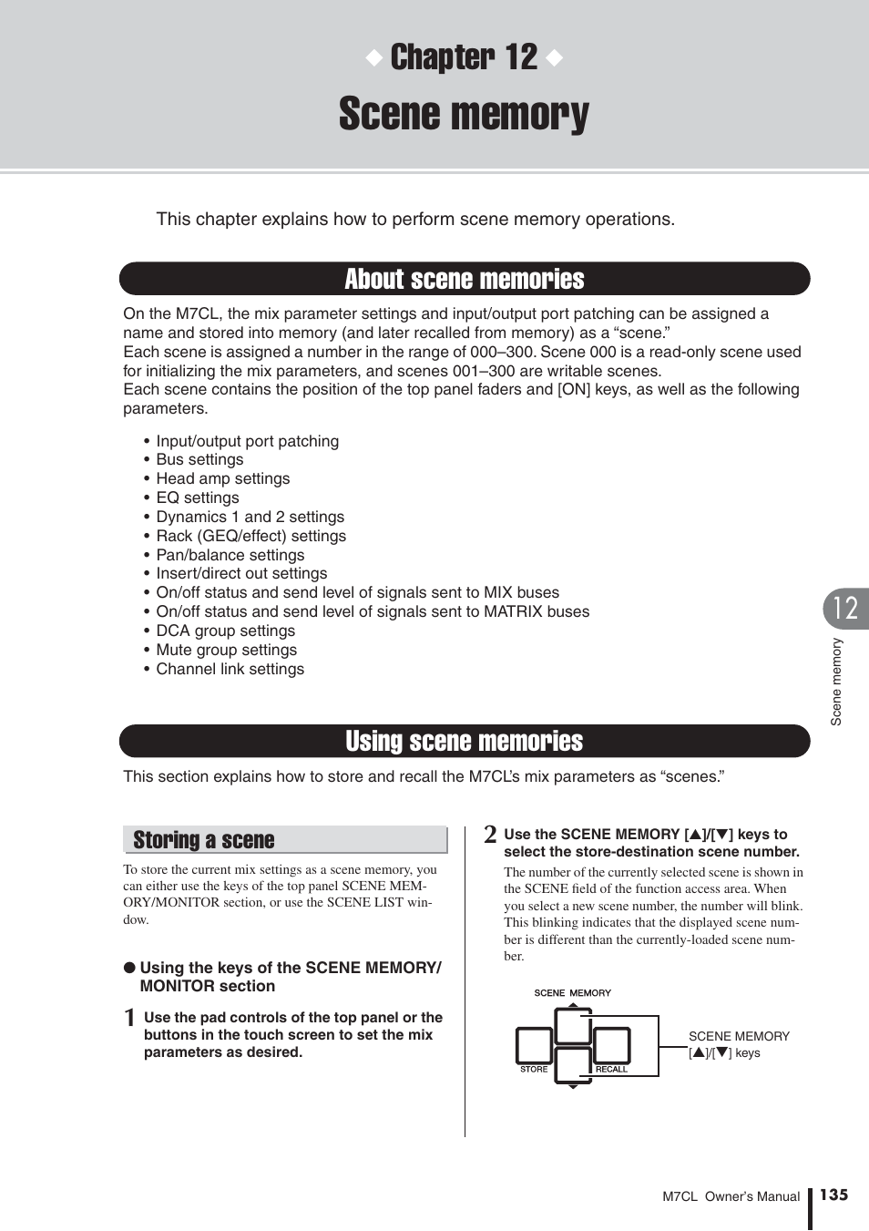 Scene memory, About scene memories, Using scene memories | Storing a scene, P. 135), Chapter 12 | Yamaha M7CL-32 User Manual | Page 135 / 312