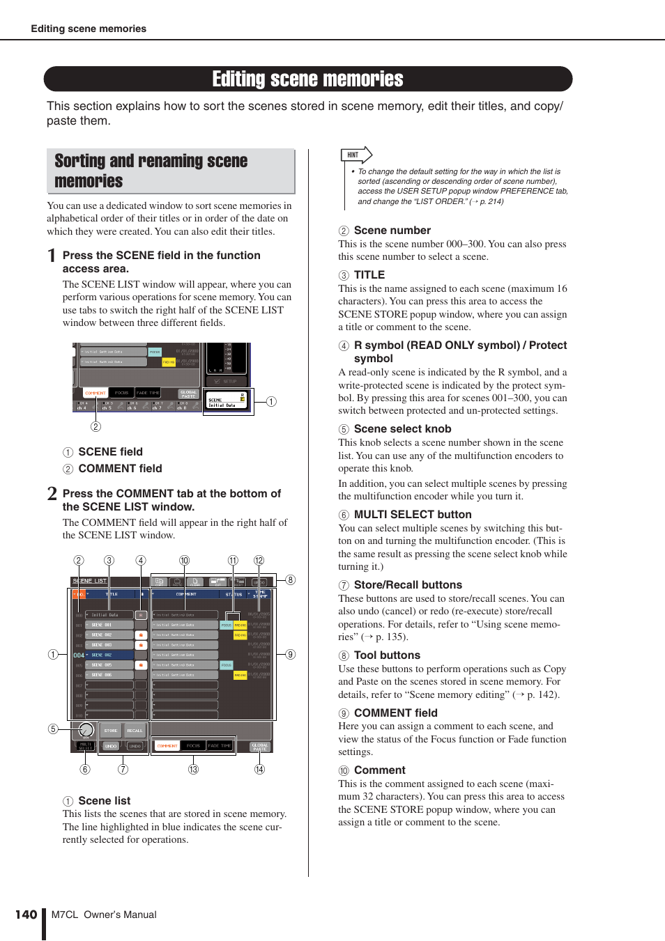 Editing scene memories, Sorting and renaming scene memories, P. 140) | Yamaha M7CL-32 User Manual | Page 140 / 312