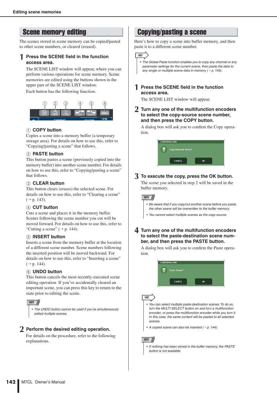 Scene memory editing, Copying/pasting a scene, Details, refer to “scene memory editing | P. 142) | Yamaha M7CL-32 User Manual | Page 142 / 312