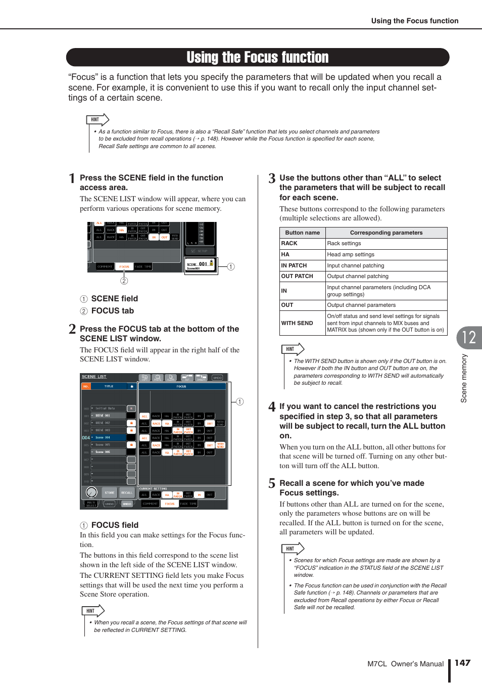 Using the focus function, Ocus function, P. 147), and for | Ocus field refer to “using the focus function, P. 147), and on the f | Yamaha M7CL-32 User Manual | Page 147 / 312