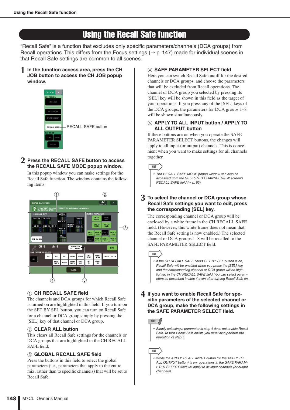 Using the recall safe function, P. 148), Ations | E function | Yamaha M7CL-32 User Manual | Page 148 / 312