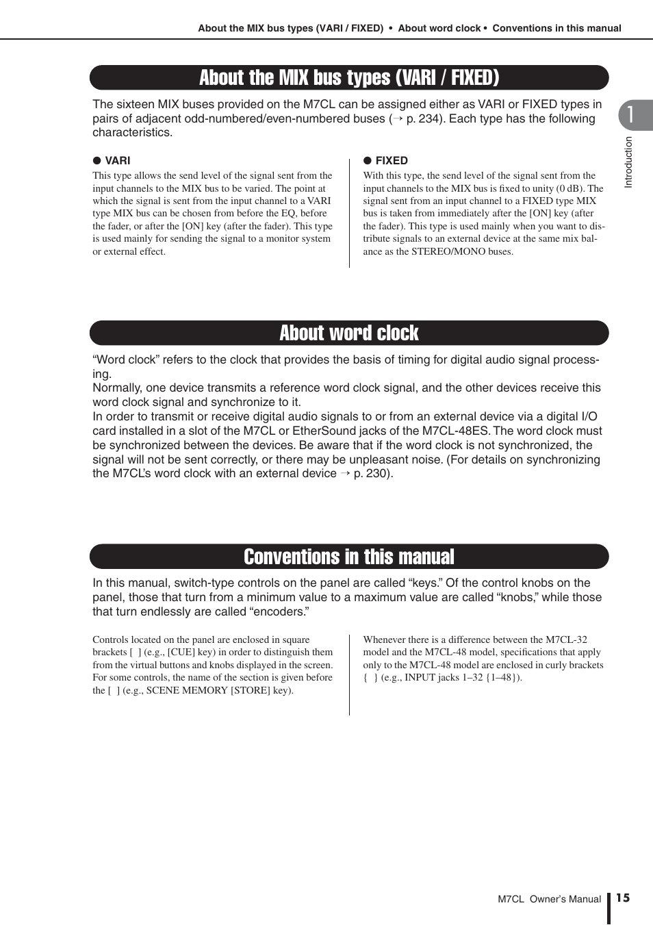 About the mix bus types (vari / fixed), About word clock, Conventions in this manual | Yamaha M7CL-32 User Manual | Page 15 / 312