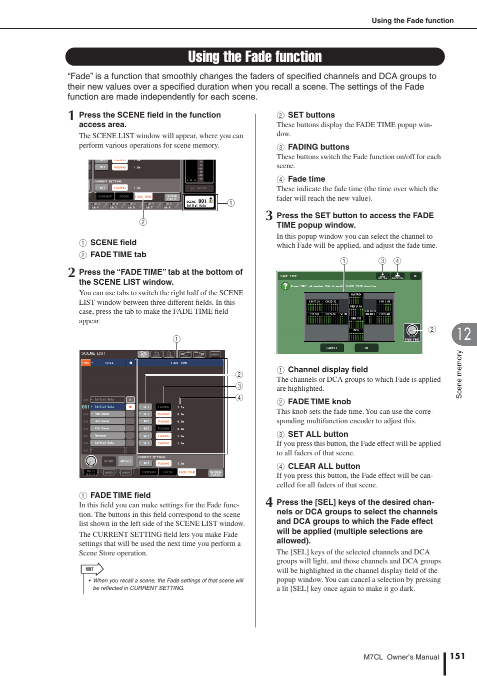 Using the fade function, Ade function is enabled, P. 151), the “focus” and “f | P. 151) | Yamaha M7CL-32 User Manual | Page 151 / 312