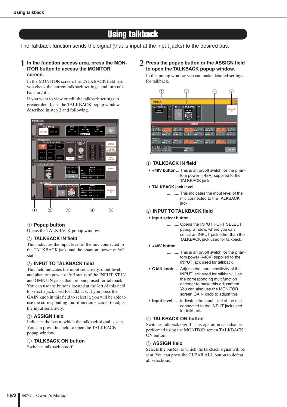 Using talkback | Yamaha M7CL-32 User Manual | Page 162 / 312
