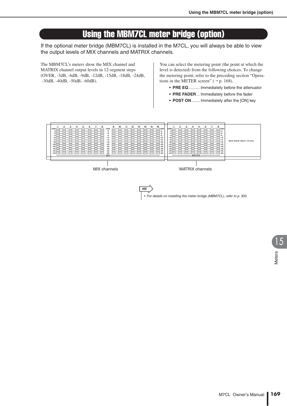 Using the mbm7cl meter bridge (option) | Yamaha M7CL-32 User Manual | Page 169 / 312