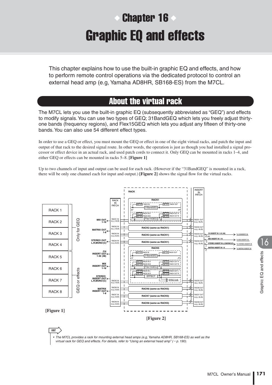 Graphic eq and effects, About the virtual rack, Chapter 16 | Figure 2] [figure 1, Figure 1, Figure 2, Shows the signal flow for the virtual racks, M7cl owner’s manual gr aphic eq and eff ects | Yamaha M7CL-32 User Manual | Page 171 / 312