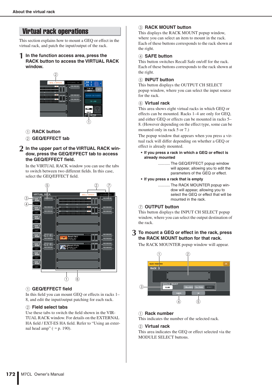 Virtual rack operations, Fect settings, P. 172) | Yamaha M7CL-32 User Manual | Page 172 / 312