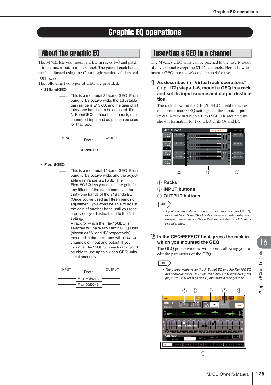 Graphic eq operations, About the graphic eq, Inserting a geq in a channel | Yamaha M7CL-32 User Manual | Page 175 / 312