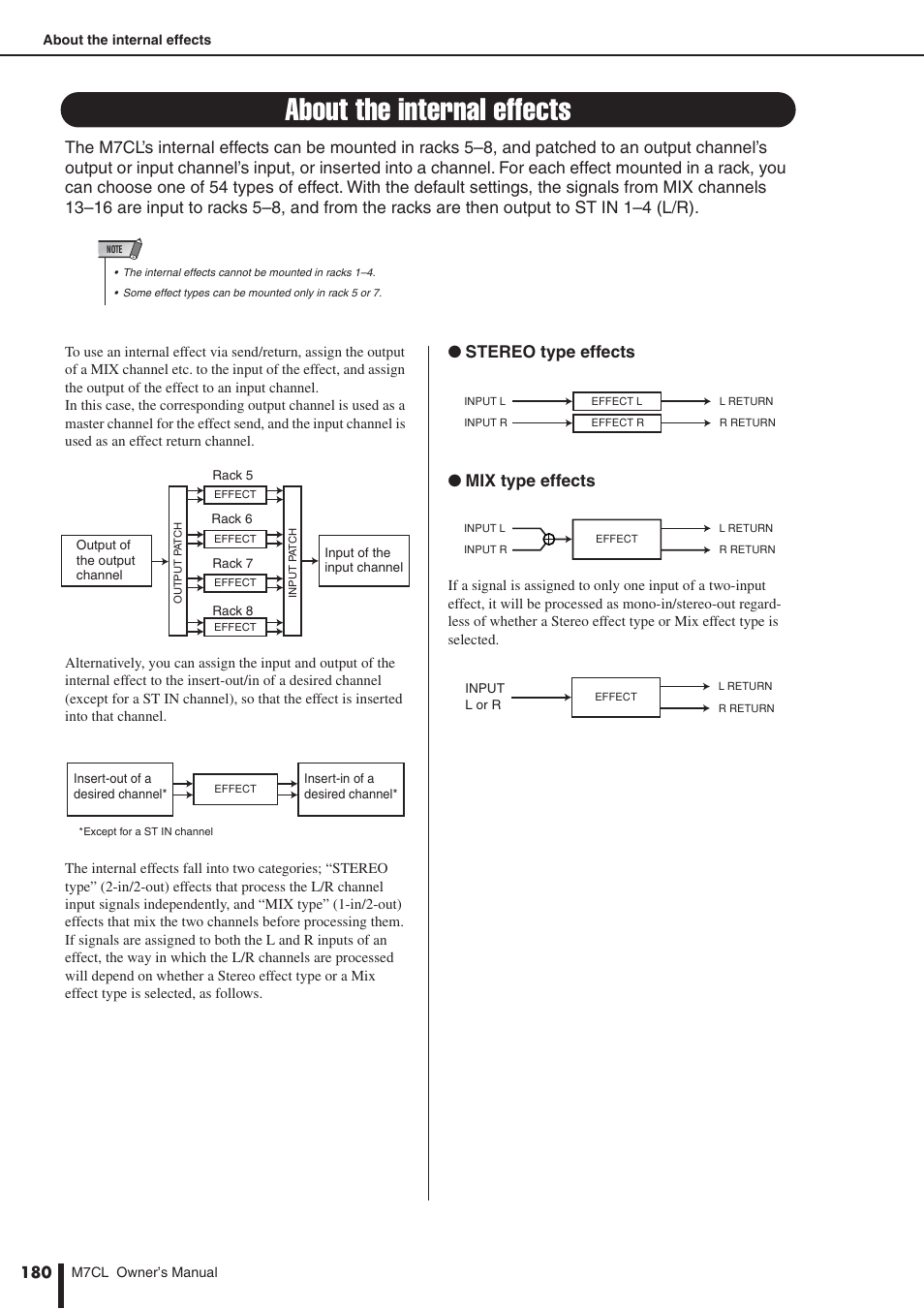 About the internal effects, Stereo type effects ● mix type effects | Yamaha M7CL-32 User Manual | Page 180 / 312