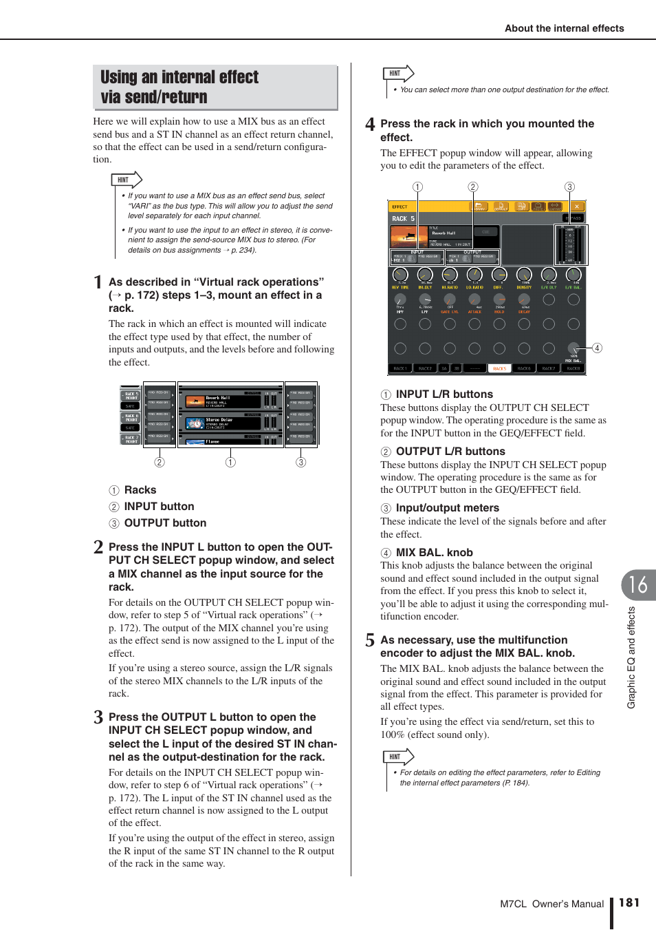 Using an internal effect via send/return | Yamaha M7CL-32 User Manual | Page 181 / 312