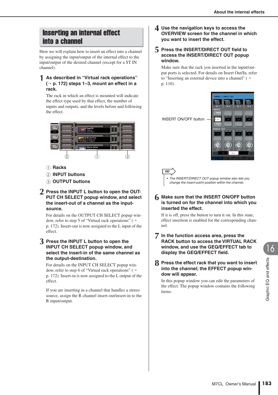 Inserting an internal effect into a channel | Yamaha M7CL-32 User Manual | Page 183 / 312
