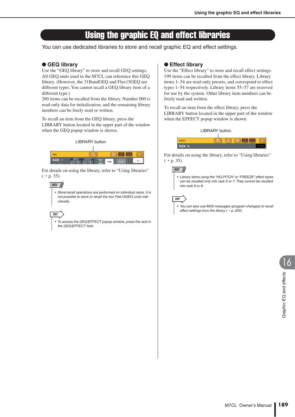Using the graphic eq and effect libraries | Yamaha M7CL-32 User Manual | Page 189 / 312