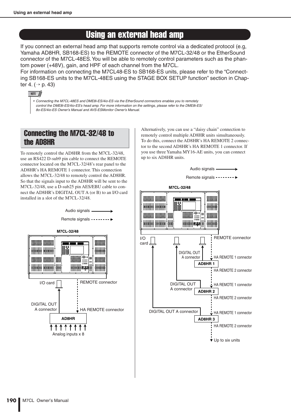 Using an external head amp, Connecting the m7cl-32/48 to the ad8hr | Yamaha M7CL-32 User Manual | Page 190 / 312