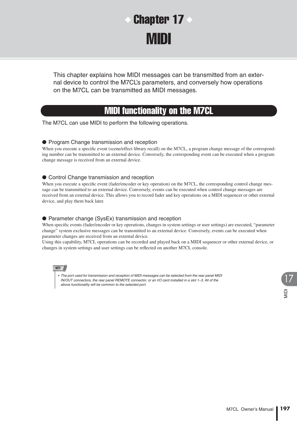 Midi, Midi functionality on the m7cl, Chapter 17 | Yamaha M7CL-32 User Manual | Page 197 / 312