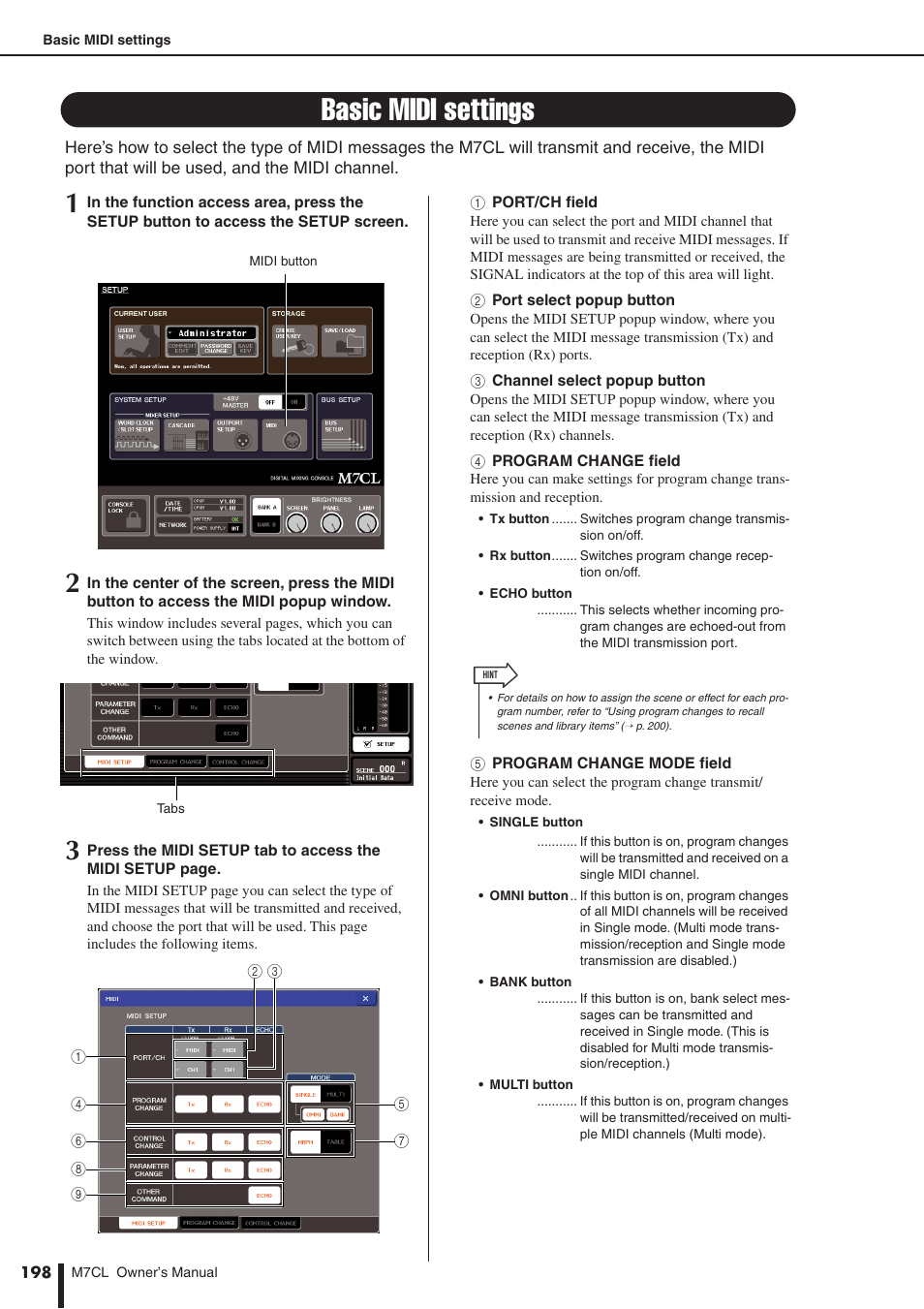 Basic midi settings | Yamaha M7CL-32 User Manual | Page 198 / 312