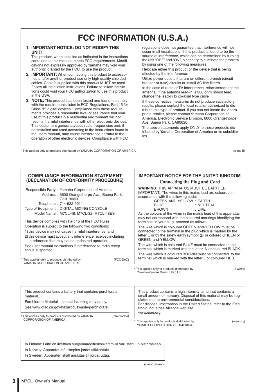 Fcc information (u.s.a.) | Yamaha M7CL-32 User Manual | Page 2 / 312