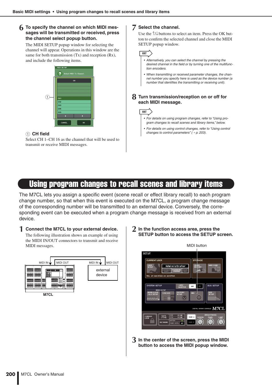 Using program changes to recall scenes and library, Items, P. 200) | Yamaha M7CL-32 User Manual | Page 200 / 312