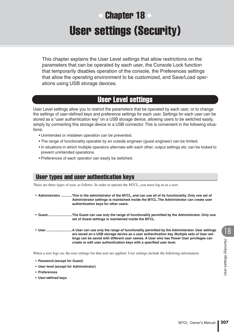 User settings (security), User level settings, User types and user authentication keys | Chapter 18 | Yamaha M7CL-32 User Manual | Page 207 / 312