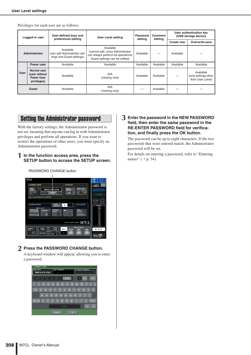 Setting the administrator password | Yamaha M7CL-32 User Manual | Page 208 / 312