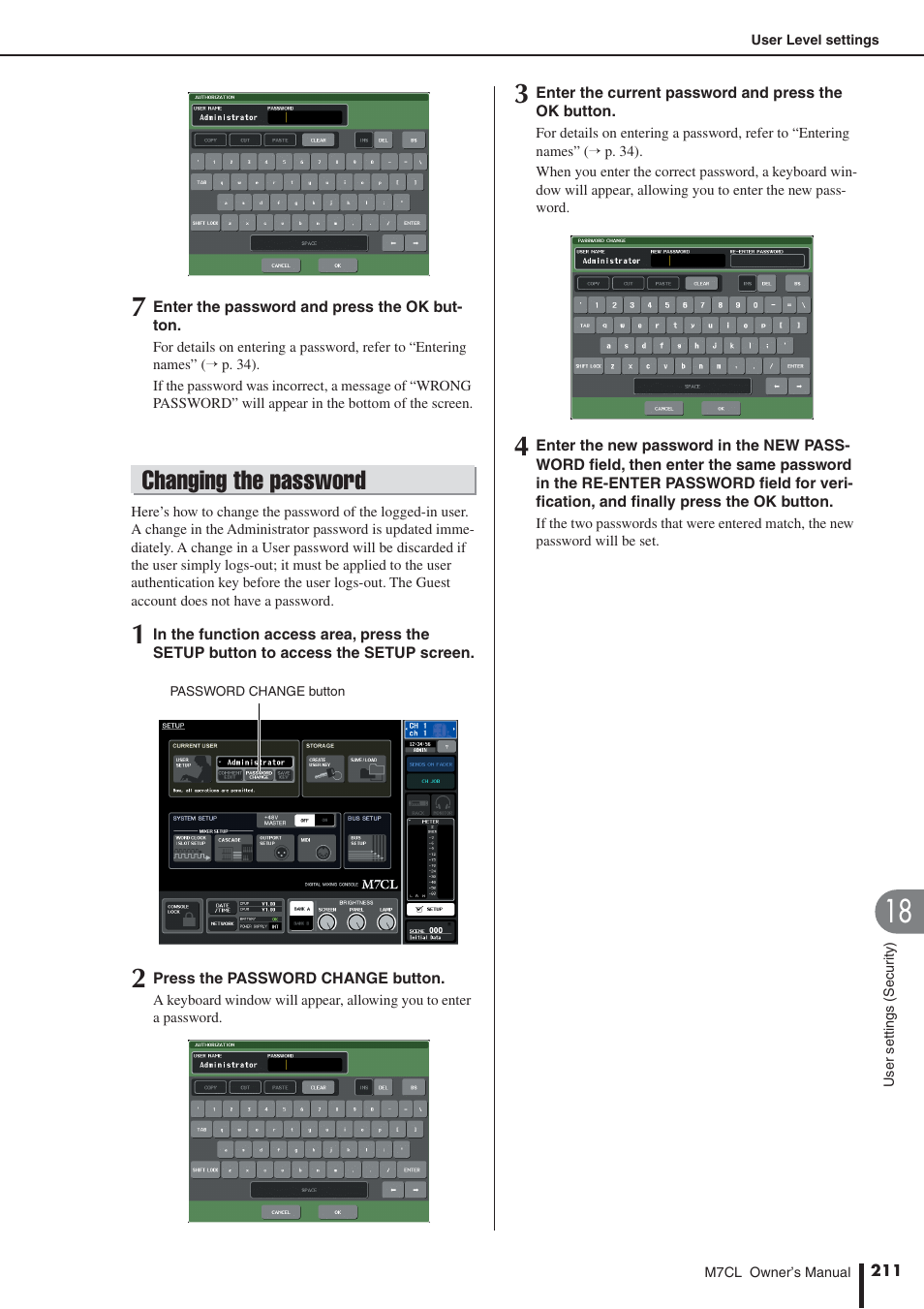 Changing the password | Yamaha M7CL-32 User Manual | Page 211 / 312