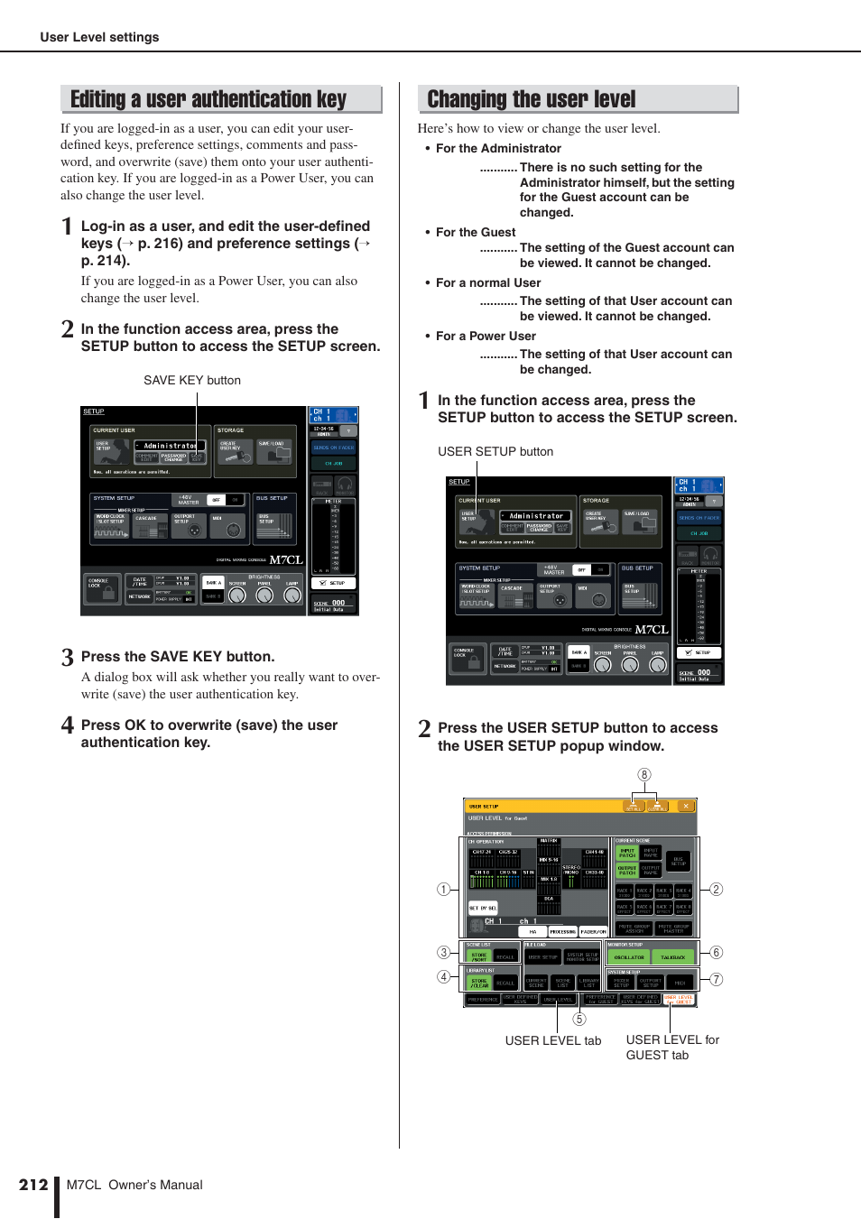 Editing a user authentication key, Changing the user level, P. 212 | Yamaha M7CL-32 User Manual | Page 212 / 312