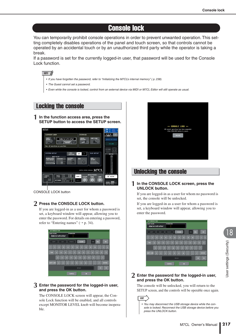 Console lock, Locking the console, Unlocking the console | Yamaha M7CL-32 User Manual | Page 217 / 312