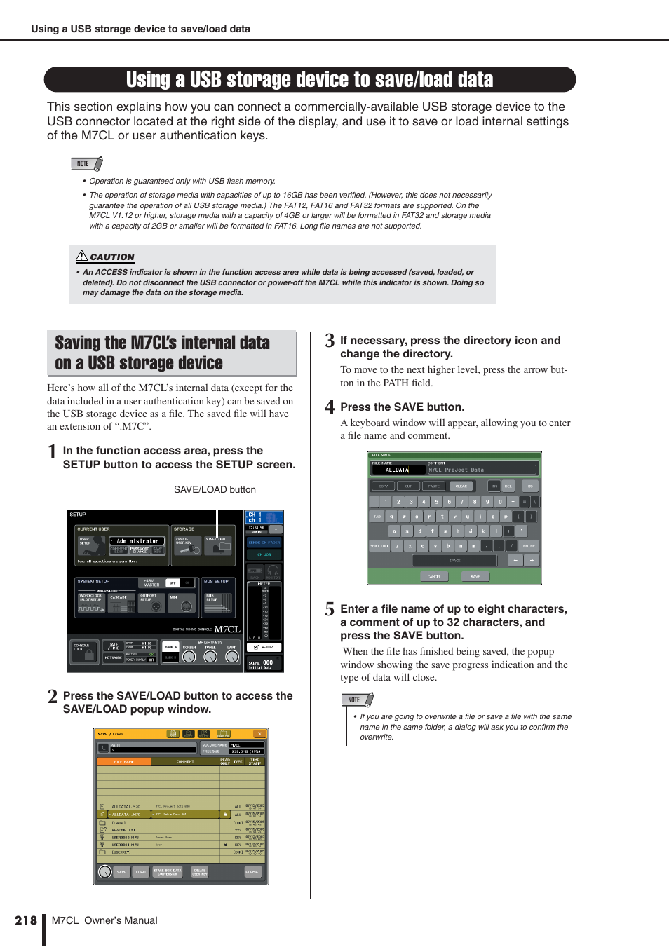 Using a usb storage device to save/load data, Saving the m7cl’s internal data, On a usb storage device | Yamaha M7CL-32 User Manual | Page 218 / 312