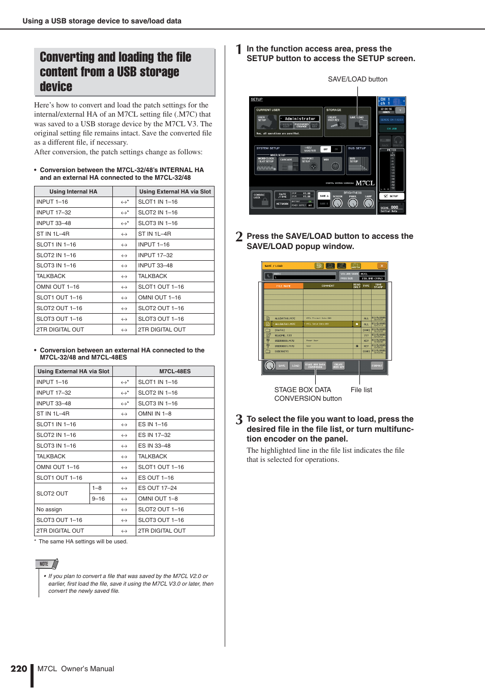 Converting and loading the file, Content from a usb storage device | Yamaha M7CL-32 User Manual | Page 220 / 312