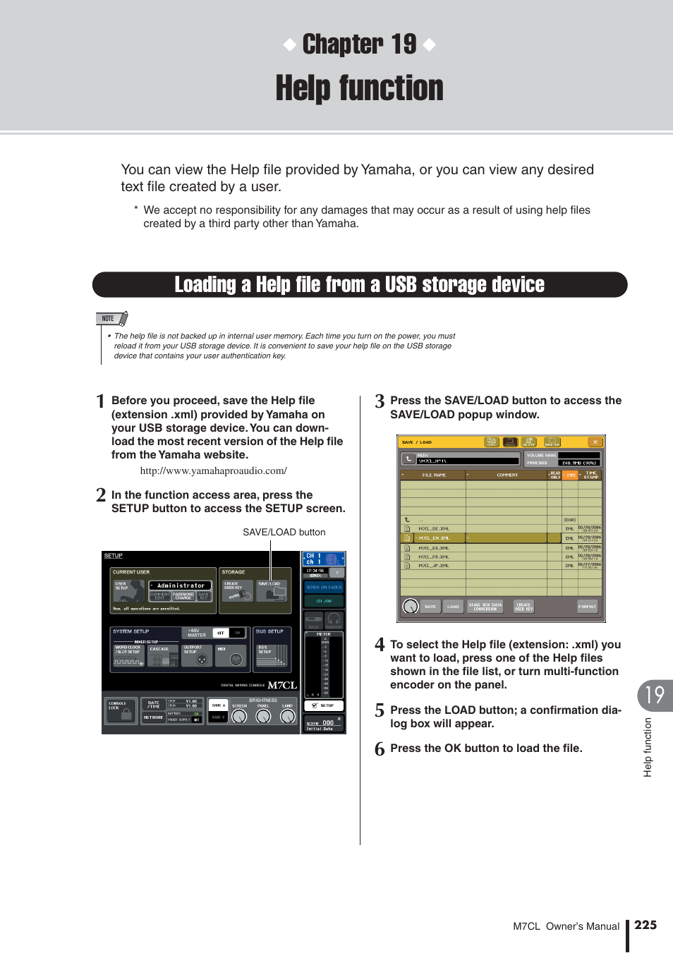Help function, Loading a help file from a usb storage device, P. 225) | Chapter 19 | Yamaha M7CL-32 User Manual | Page 225 / 312
