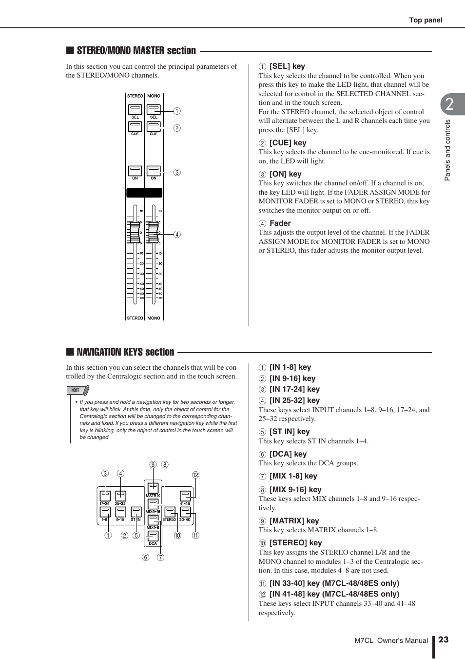 Navigation keys section (p. 23), Stereo/mono master section (p. 23) | Yamaha M7CL-32 User Manual | Page 23 / 312