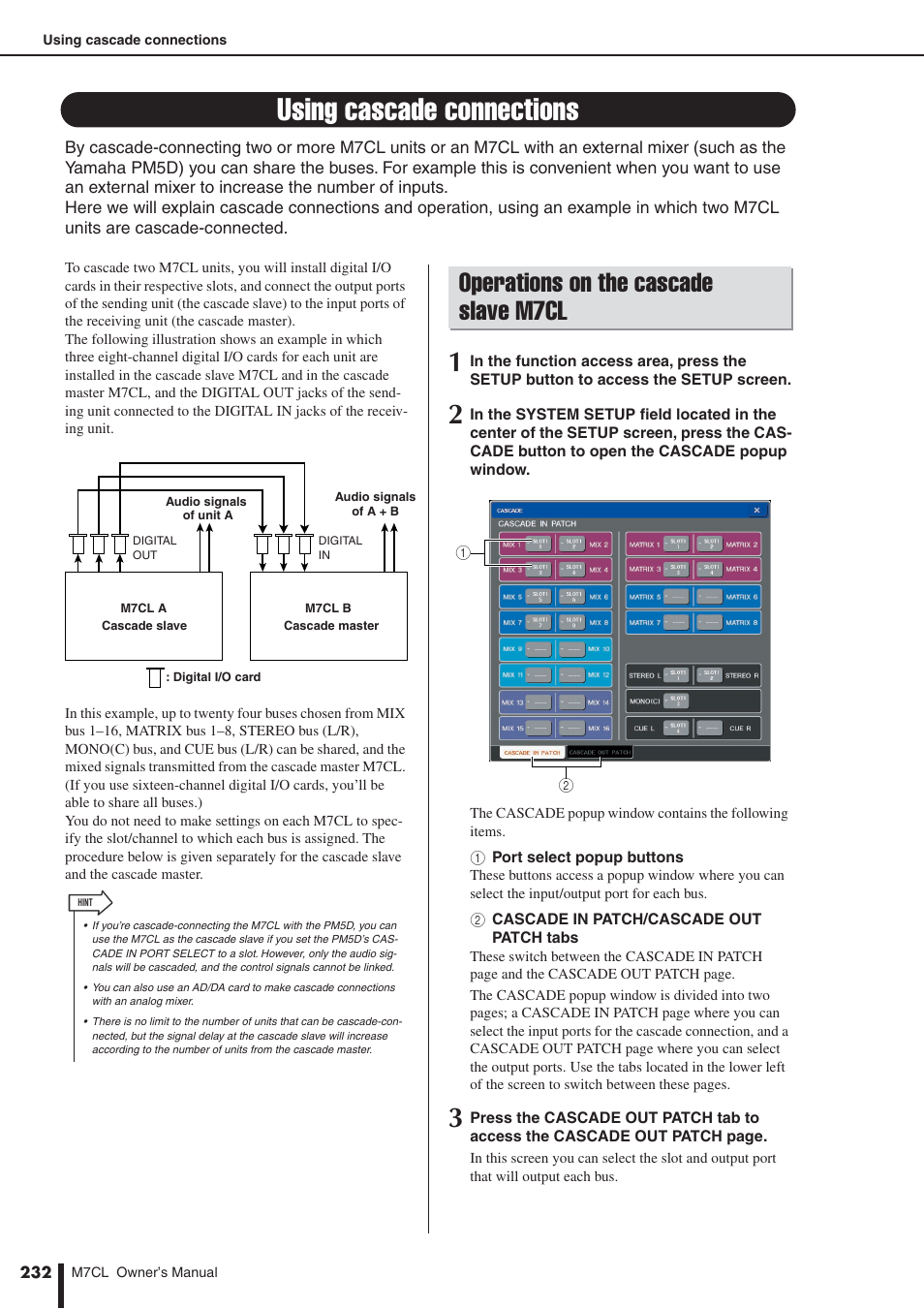 Using cascade connections, Operations on the cascade slave m7cl, E settings for cascade connections | P. 232) | Yamaha M7CL-32 User Manual | Page 232 / 312