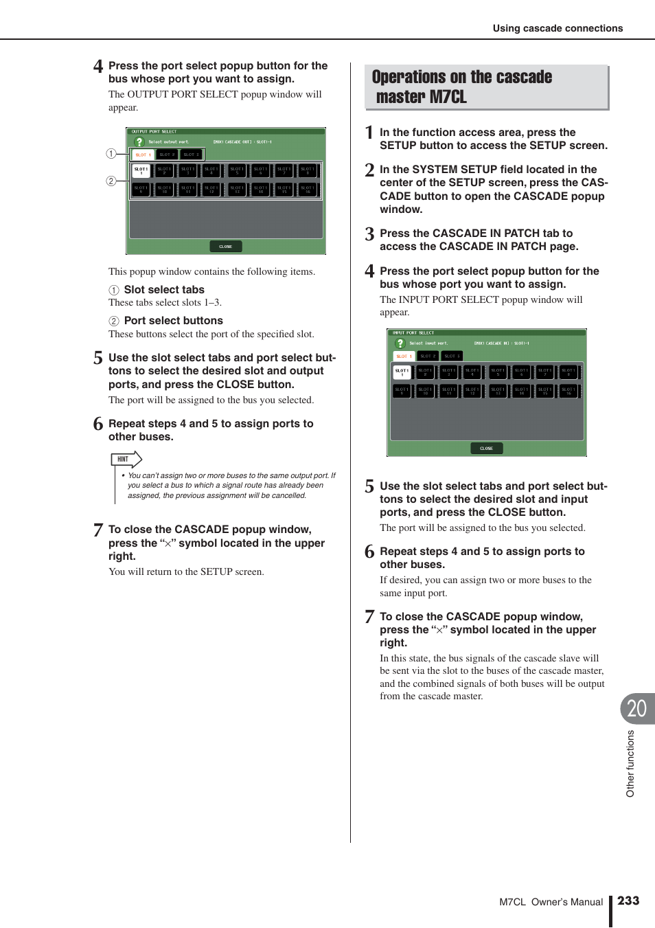 Operations on the cascade master m7cl, Operations on the cascade, Master m7cl | Yamaha M7CL-32 User Manual | Page 233 / 312
