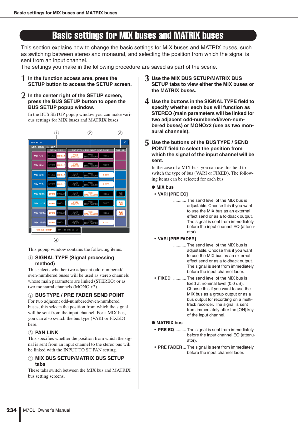 Basic settings for mix buses and matrix buses, Basic settings for mix buses and, Matrix buses | P. 234), Uses (for the procedure, View screen, And link the main parameters, Us settings (→ p. 234), Us assignments, Between mono/stereo | Yamaha M7CL-32 User Manual | Page 234 / 312