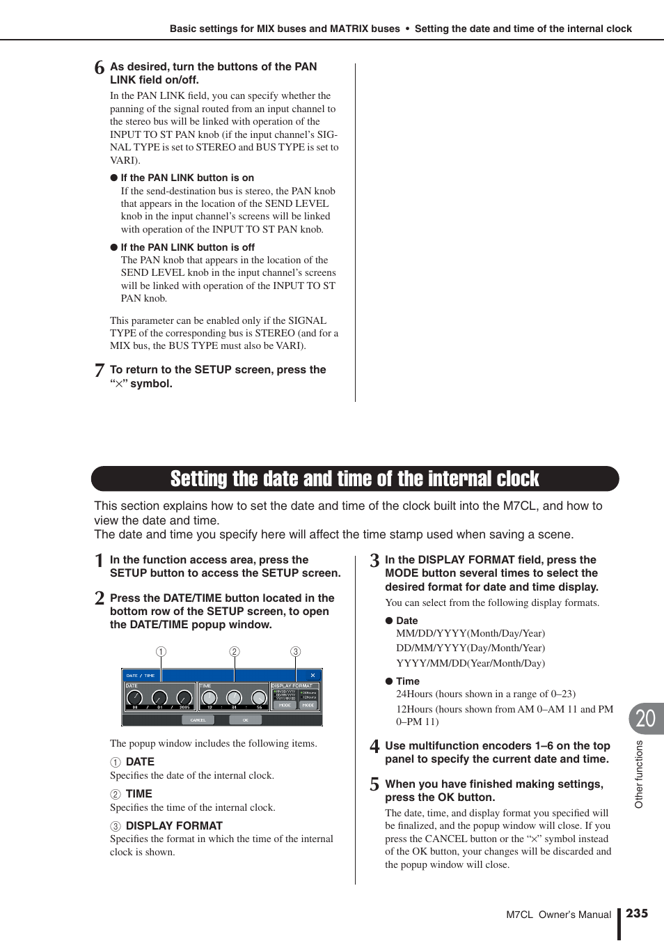 Setting the date and time of the internal clock, P. 235) | Yamaha M7CL-32 User Manual | Page 235 / 312