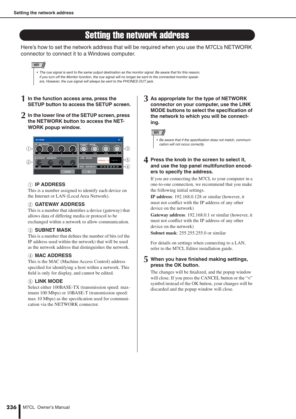 Setting the network address, Ork settings, P. 236) | Yamaha M7CL-32 User Manual | Page 236 / 312