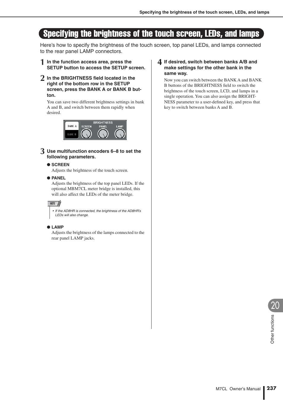 Specifying the brightness of the touch screen, Leds, and lamps | Yamaha M7CL-32 User Manual | Page 237 / 312