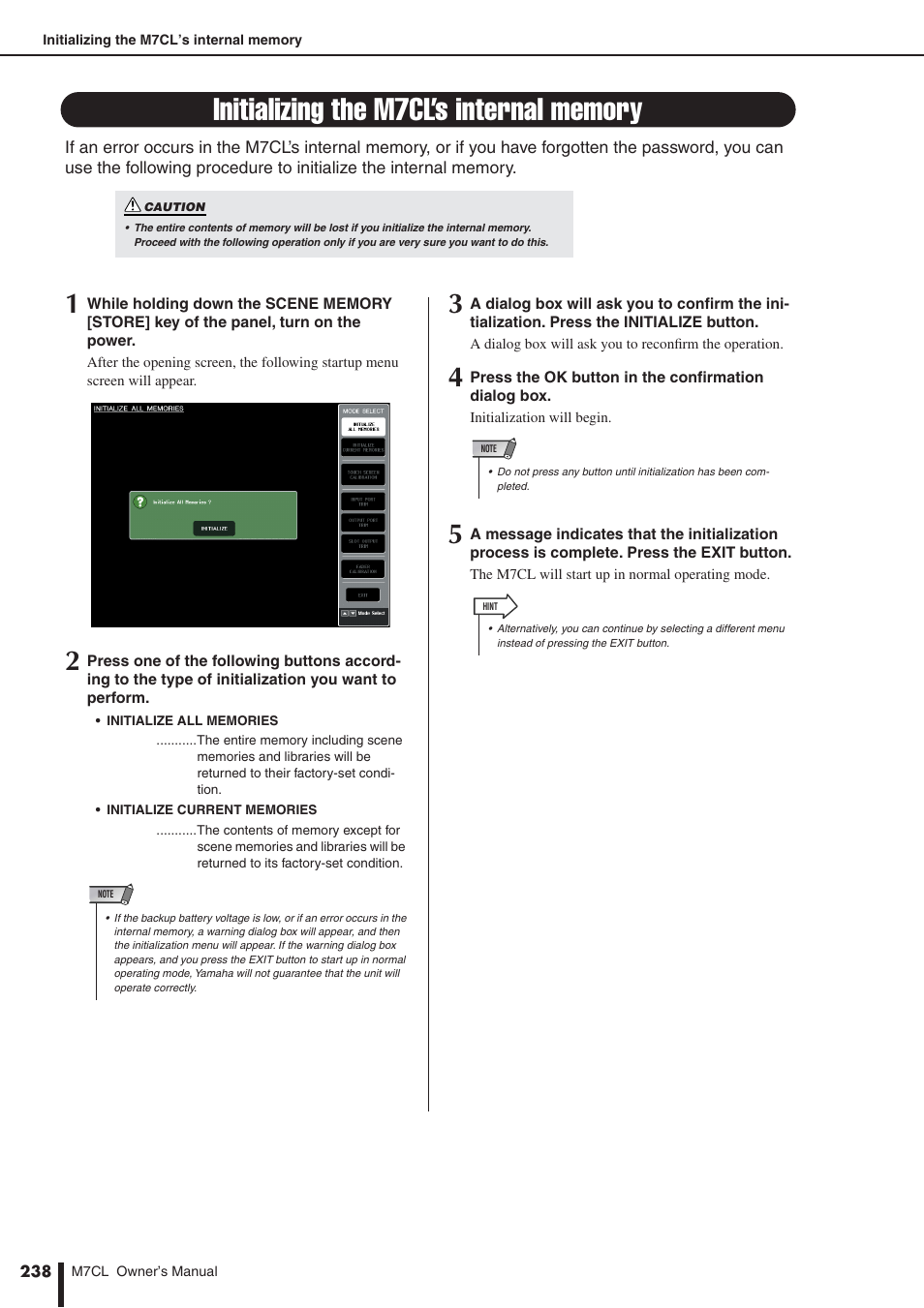 Initializing the m7cl's internal memory, Initializing the m7cl’s internal memory | Yamaha M7CL-32 User Manual | Page 238 / 312